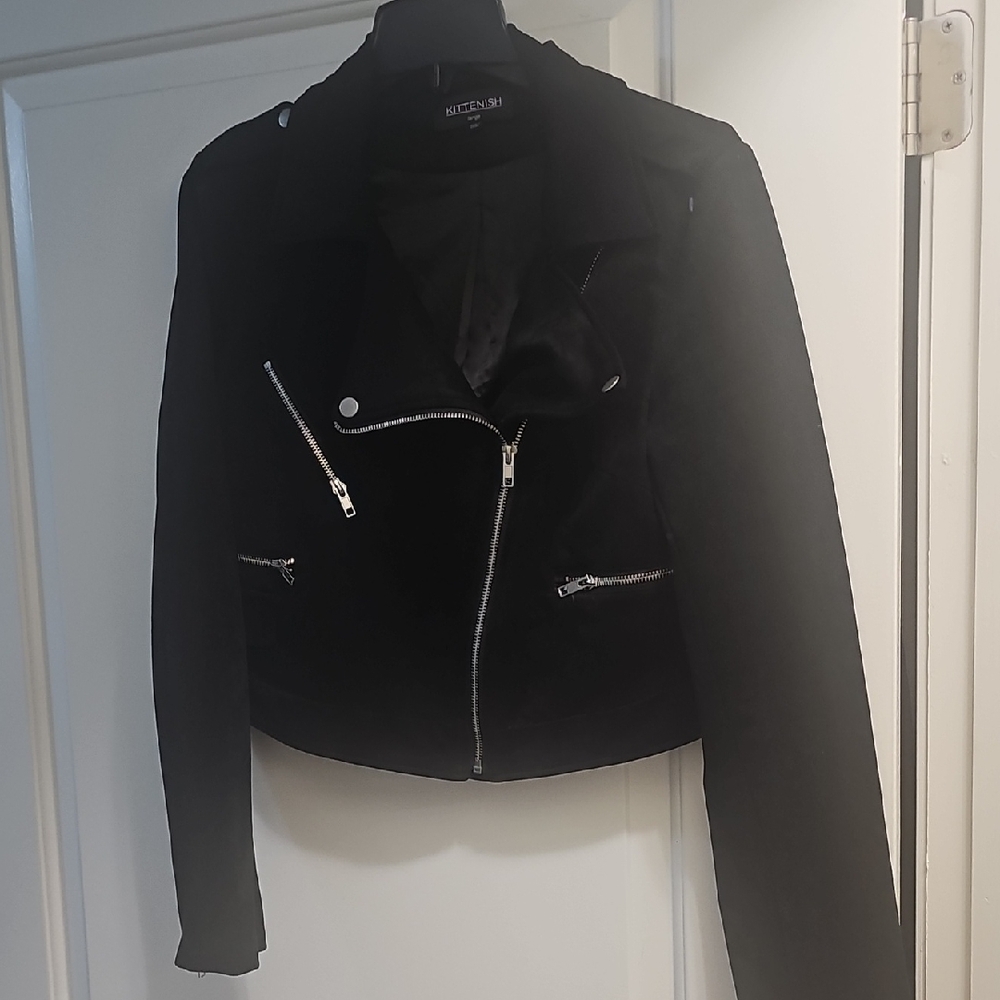 Kittenish Black Suede Moto Jacket with Silver Zippers